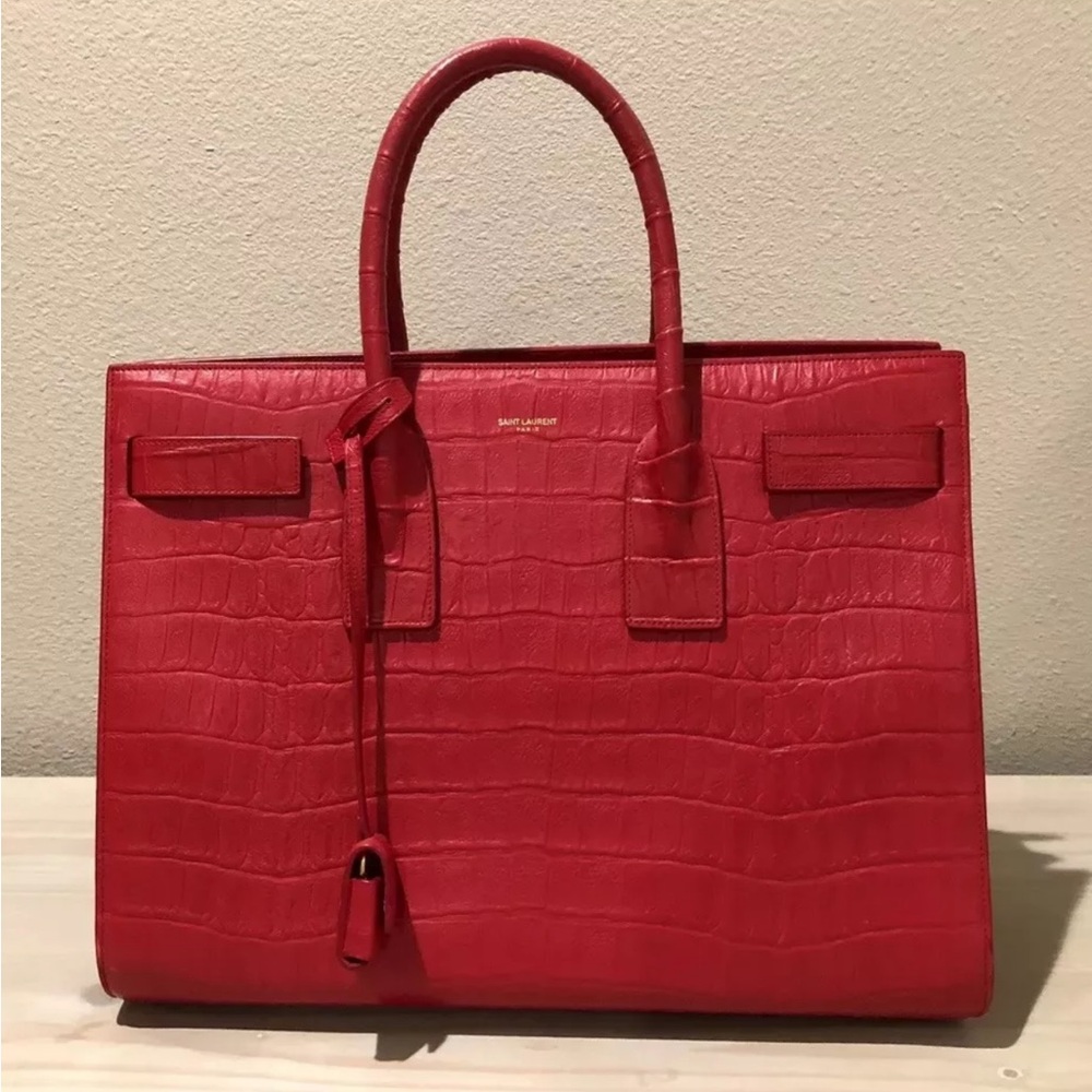 Red Saint Laurent sac du jour large croc embossed leather purse handbag red YSL